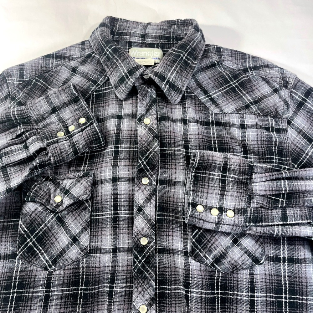 VTG Wrangler Wrancher Flannel Shirt‎ Men XL Grey Plaid Long Sleeve Western Pearl